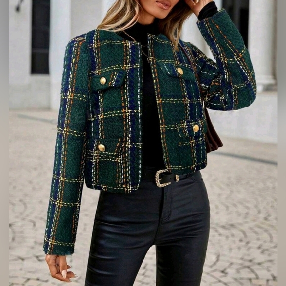 New Luxe Plaid Tweed Jacket Blazer Navy Blue Green White
